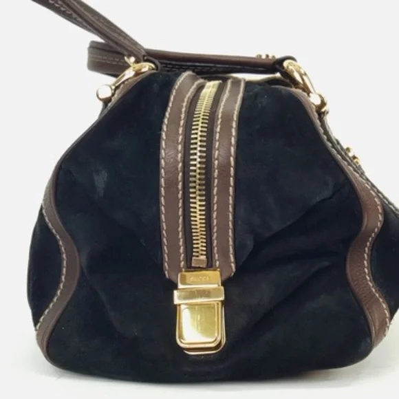 Gucci Aviatrix Boston Black Suede Brown Leather Satchel Bag Handbag - Picture 5 of 10